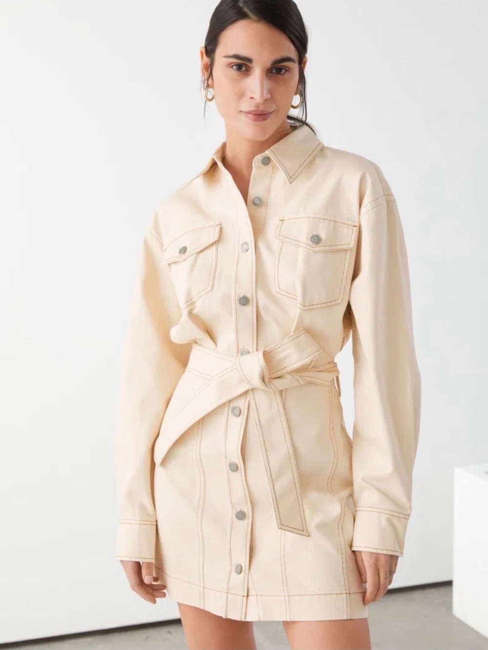 & Other Stories Cream Denim Dress with Waist Tie